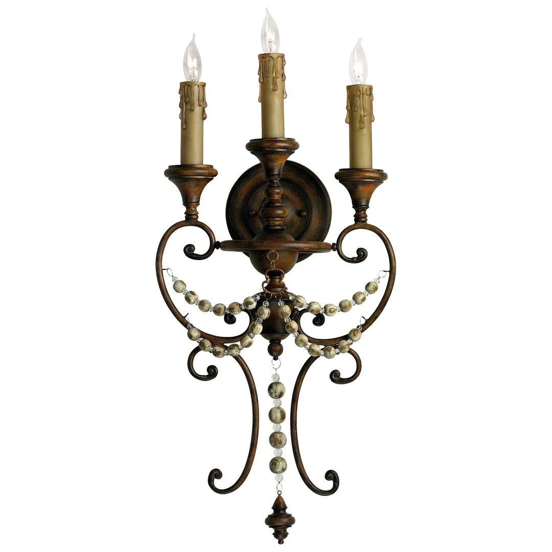Meriel 3-Light Wall Bracket | Industrial Wall Light with Antiqued Sienna Finish | Wrought Iron & Wood Wall Sconce