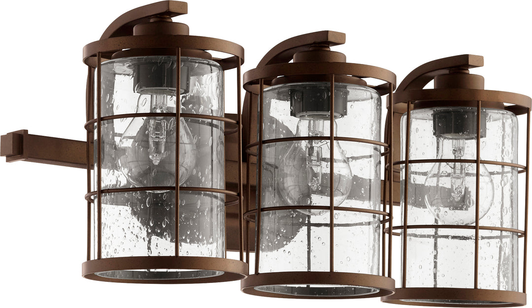 Ellis 3-Light Industrial Vanity Light in Oiled Bronze with Seeded Glass Shades