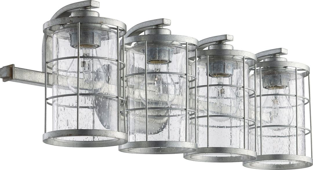 Ellis 4-Light Transitional Vanity Light in Tumbled Steel with Clear Seeded Glass Shades