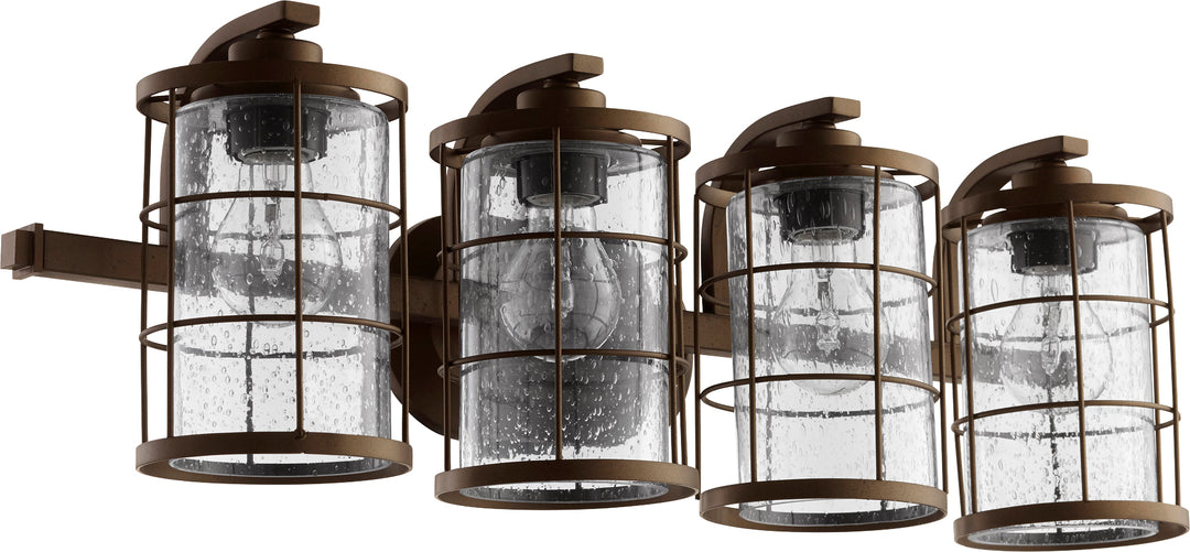Ellis 4-Light Industrial Vanity Light in Oiled Bronze with Clear Seeded Glass Shades