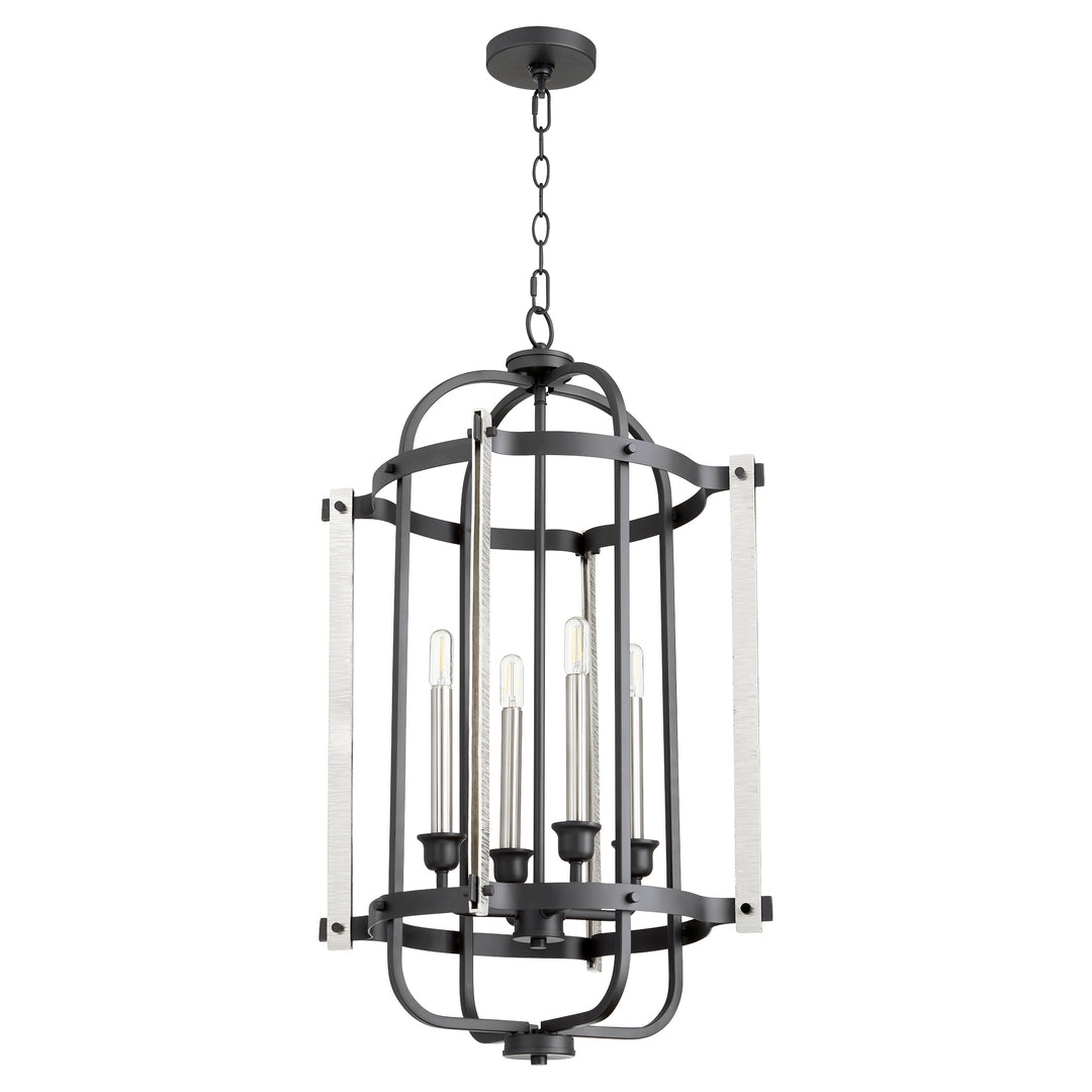 Transitional 4-Light Black Steel Pendant Light with Satin Nickel Accents – Candelabra Base