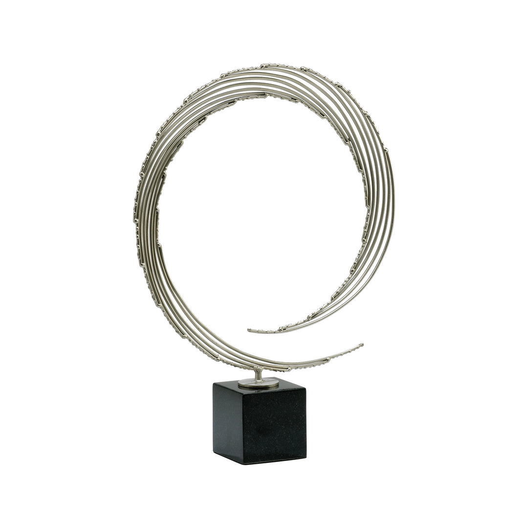 Centurian Circle Modern Nickel Sculpture – Geometric Iron Art on Marble Base